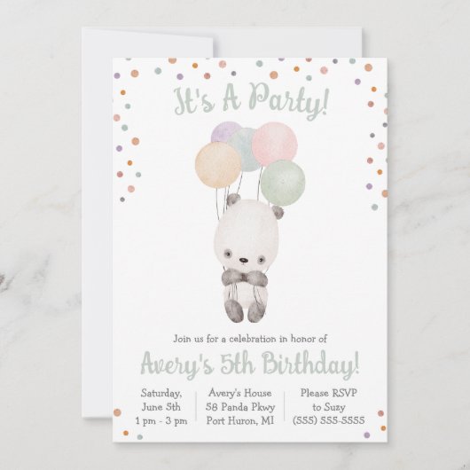 Cute Panda met Balloons Birthday Party Kaart (Voorkant)