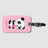 Cute Panda met een Roze Gepersonaliseerde Naam van Bagagelabel (Voorkant (horizontaal))