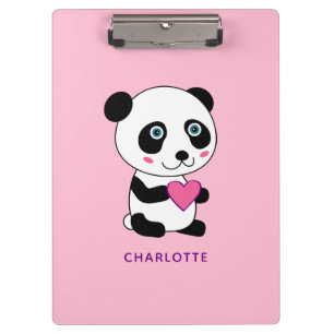 Cute Panda met een Roze Gepersonaliseerde Naam van Klembord
