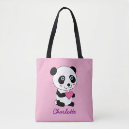 Cute Panda met een Roze Gepersonaliseerde Naam van Tote Bag