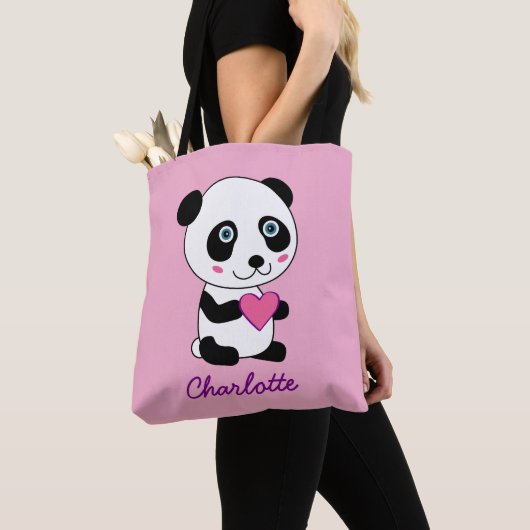Cute Panda met een Roze Gepersonaliseerde Naam van Tote Bag (Dichtbij)