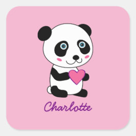 Cute Panda met een Roze Gepersonaliseerde Naam van Vierkante Sticker