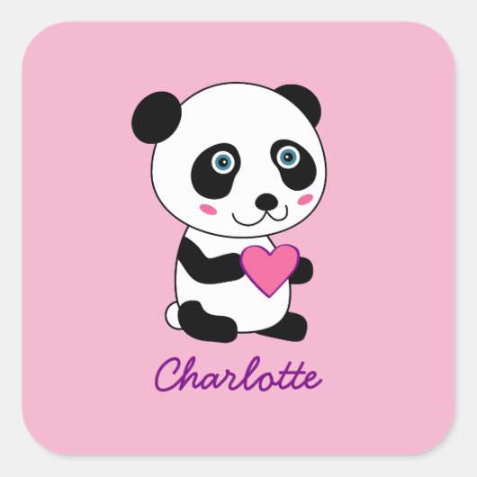 Cute Panda met een Roze Gepersonaliseerde Naam van Vierkante Sticker (Voorkant)