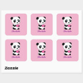 Cute Panda met een Roze Gepersonaliseerde Naam van Vierkante Sticker (Vel)
