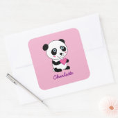 Cute Panda met een Roze Gepersonaliseerde Naam van Vierkante Sticker (Envelop)