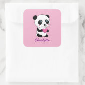 Cute Panda met een Roze Gepersonaliseerde Naam van Vierkante Sticker (Tas)
