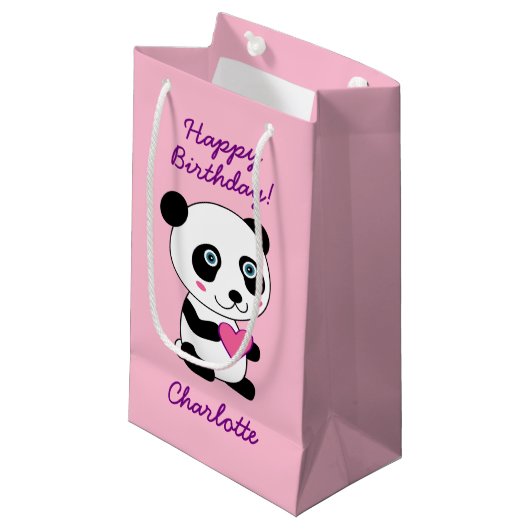 Cute Panda met een roze hart op maat Klein Cadeauzakje (Voorkant Gekanteld)