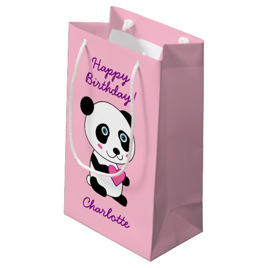 Cute Panda met een roze hart op maat Klein Cadeauzakje (Achterkant Gekanteld)