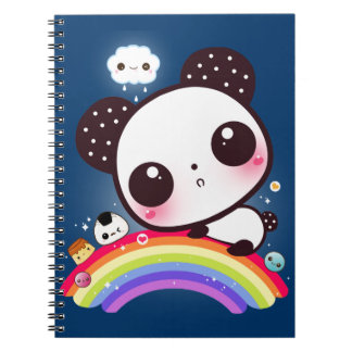 Cute panda met kawaï eten op regenboog notitieboek