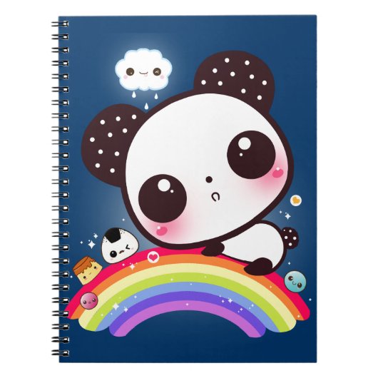 Cute panda met kawaï eten op regenboog notitieboek (Voorkant)