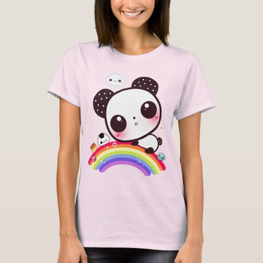 Cute panda met kawaï eten op regenboog t-shirt (Voorkant)