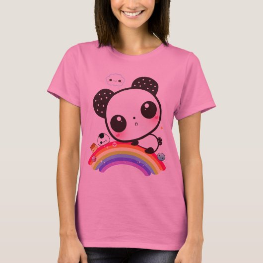 Cute panda met kawaï eten op regenboog t-shirt (Voorkant)