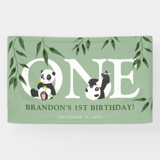 Cute Panda Neutral 1st Birthday Party Spandoek (Horizontaal)