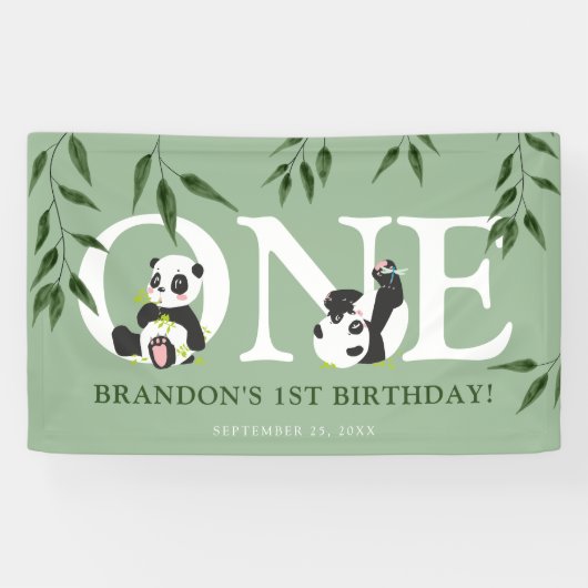 Cute Panda Neutrale 1e Verjaardagsfeestje Spandoek (Horizontaal)
