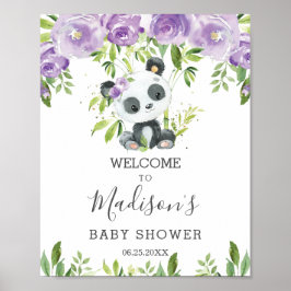 Cute Panda Paars Floral Greenery Bamboo Welkom Poster