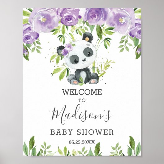 Cute Panda Paars Floral Greenery Bamboo Welkom Poster (Voorkant)