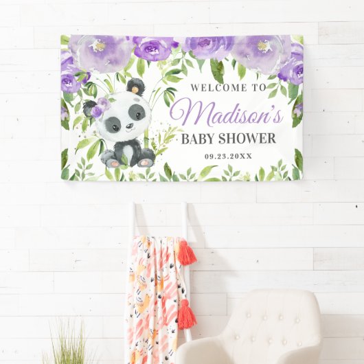 Cute Panda Paarse Floral Greenery Bamboo Achtergro Spandoek (Insitu)