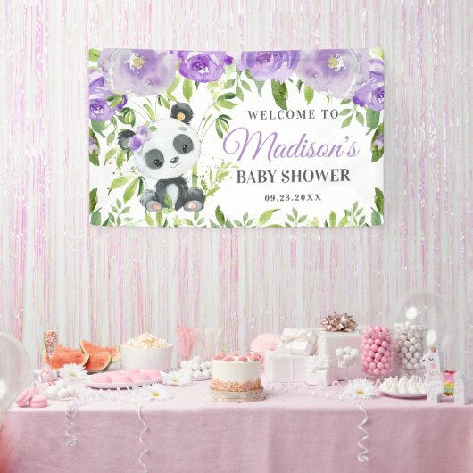 Cute Panda Paarse Floral Greenery Bamboo Achtergro Spandoek (Feest)