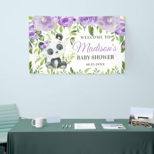 Cute Panda Paarse Floral Greenery Bamboo Achtergro Spandoek (Beurs)