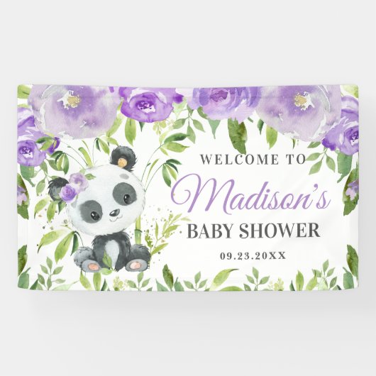 Cute Panda Paarse Floral Greenery Bamboo Achtergro Spandoek (Horizontaal)