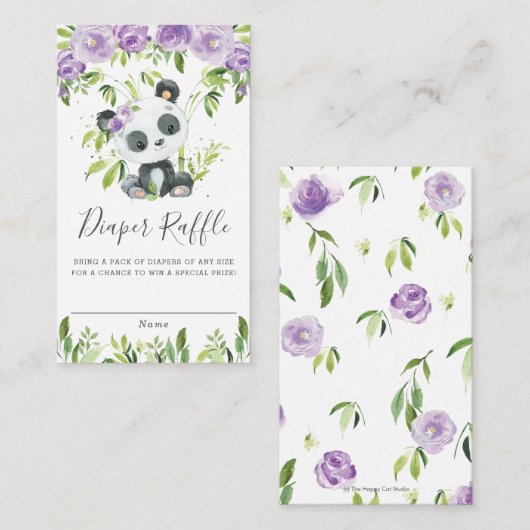 Cute Panda Paarse Floral Greenery Diaper Raffle Informatiekaartje (Voorkant / Achterkant)