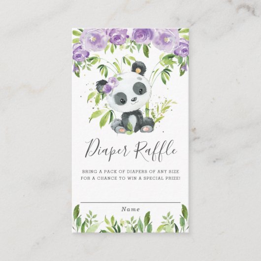 Cute Panda Paarse Floral Greenery Diaper Raffle Informatiekaartje (Voorkant)