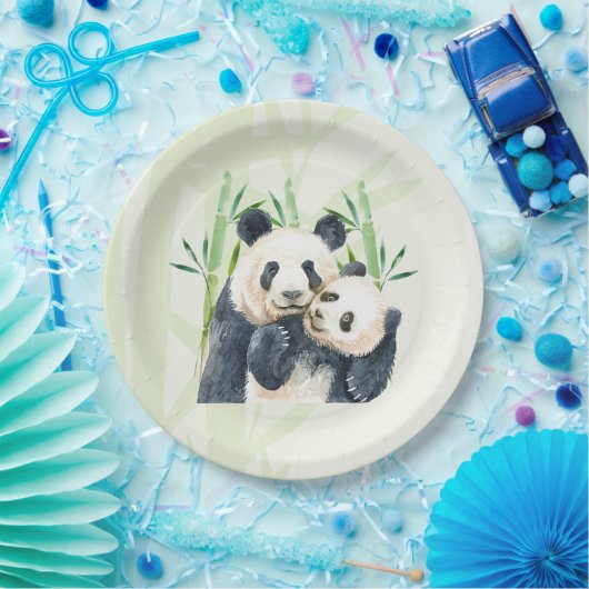 Cute Panda Pair & Bamboo Waterverf Papieren Bordje (Feest)