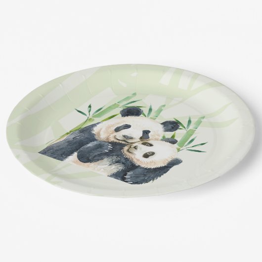 Cute Panda Pair & Bamboo Waterverf Papieren Bordje (Gekanteld)