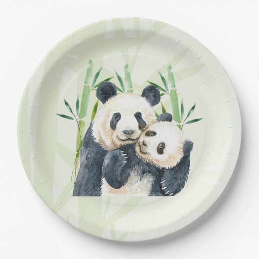 Cute Panda Pair & Bamboo Waterverf Papieren Bordje (Voorkant)