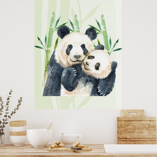 Cute Panda Pair & Bamboo Waterverf Poster (Keuken)