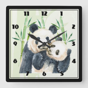 Cute Panda Pair in Bamboo Waterverf Grote klok