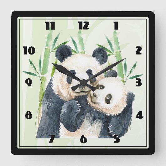 Cute Panda Pair in Bamboo Waterverf Grote klok (Voorkant)