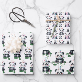 Cute Panda Patroon Beer met Groenelementen & Cadea Inpakpapier Vel