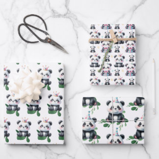 Cute Panda Patroon Beer met Groenelementen & Cadea Inpakpapier Vel