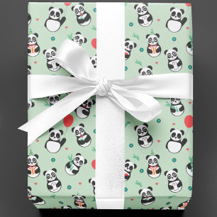 Cute Panda Pattern Birthday Groen Cadeaupapier