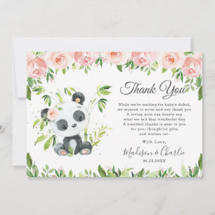 Cute Panda Pink Floral Greenery Baby shower Girl Bedankkaart