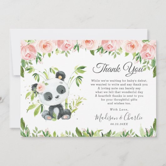 Cute Panda Pink Floral Greenery Baby shower Girl Bedankkaart (Voorkant)