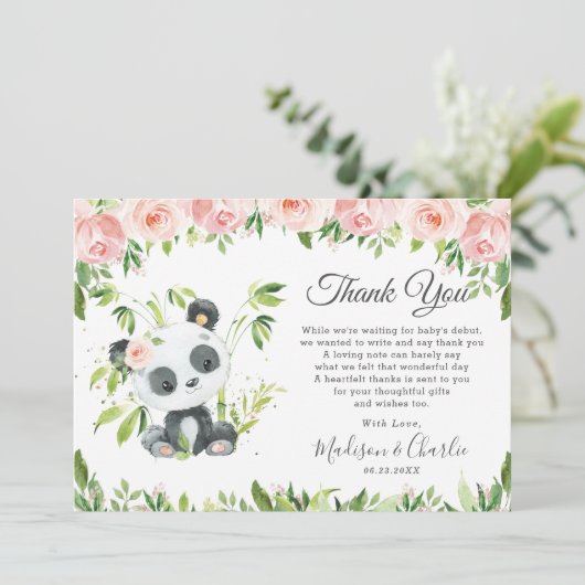 Cute Panda Pink Floral Greenery Baby shower Girl Bedankkaart (Staand voorkant)
