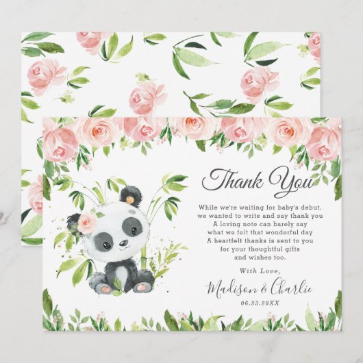 Cute Panda Pink Floral Greenery Baby shower Girl Bedankkaart (Voorkant / Achterkant)