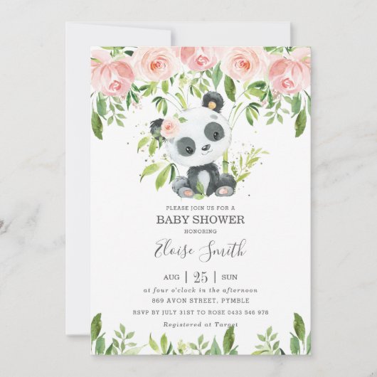 Cute Panda Pink Floral Greenery Baby shower Girl Kaart (Voorkant)