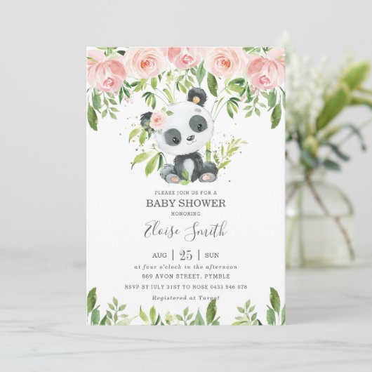 Cute Panda Pink Floral Greenery Baby shower Girl Kaart (Staand voorkant)