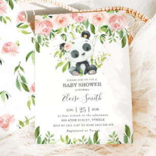 Cute Panda Pink Floral Greenery Baby shower Girl Kaart
