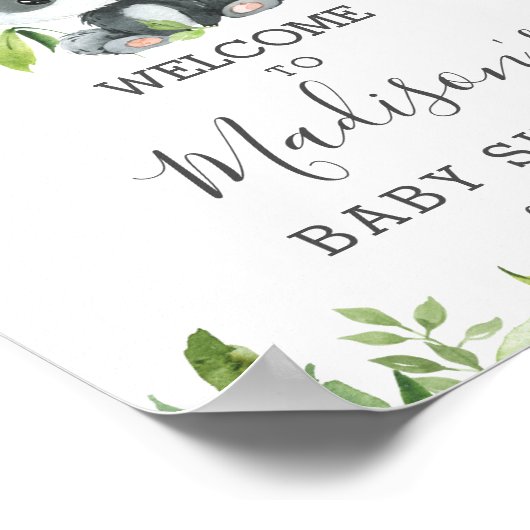 Cute Panda Pink Floral Greenery Bamboo Welkom Poster (Hoek)