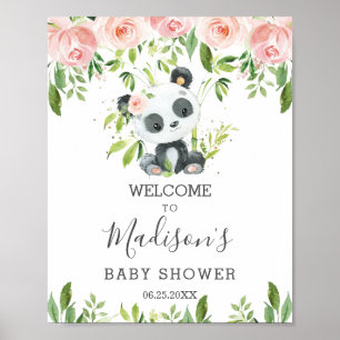 Cute Panda Pink Floral Greenery Bamboo Welkom Poster