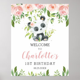 Cute Panda Pink Floral Greenery Birthday Welcome Poster