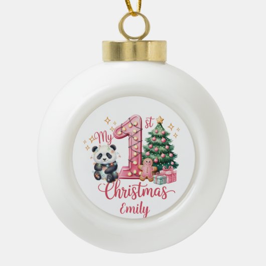 Cute Panda Pink My First Christmas Personalize Keramische Bal Ornament (Voorkant)
