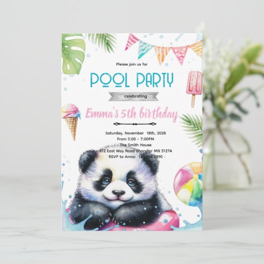 Cute panda pool theme invite kaart (Staand voorkant)