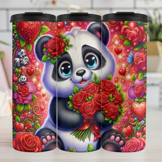 Cute Panda Rode Rozen Boeket Wrap Thermosbeker