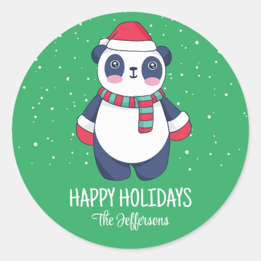 Cute Panda Santa Kerstmis Snowy Winter Holiday Ronde Sticker (Voorkant)