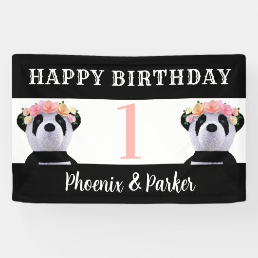 Cute Panda Twin Girls Boys Birthday Party Banner (Horizontaal)